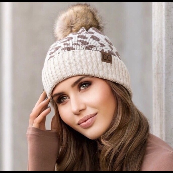 New! C.C Beanie Hat Leopard Print Knit Faux Fur Pom Warm Winter Hat - Picture 7 of 7